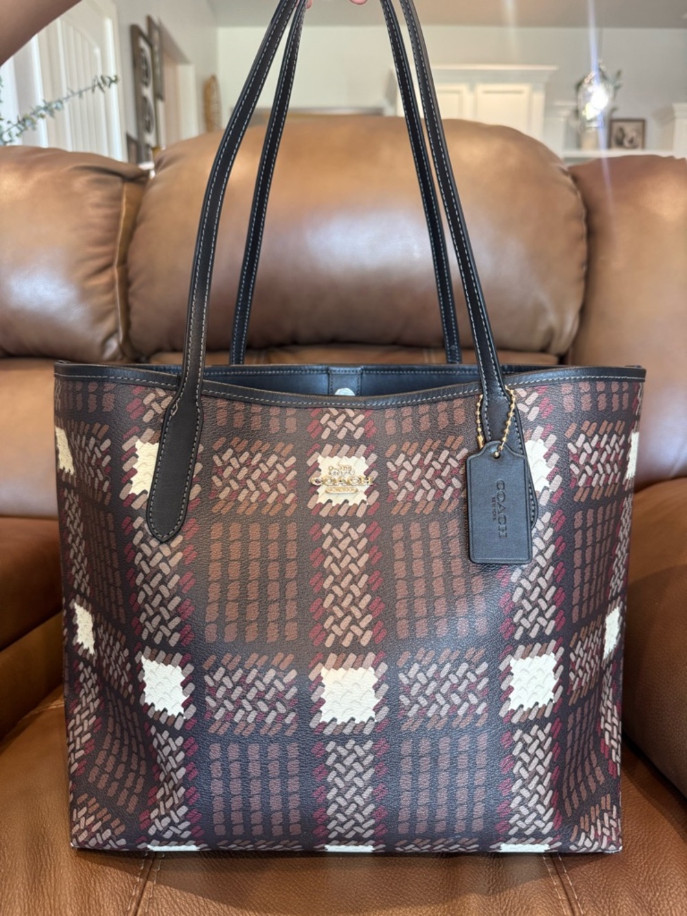 Coach Brown Plaid Woven-Effect Tote with Black Trim